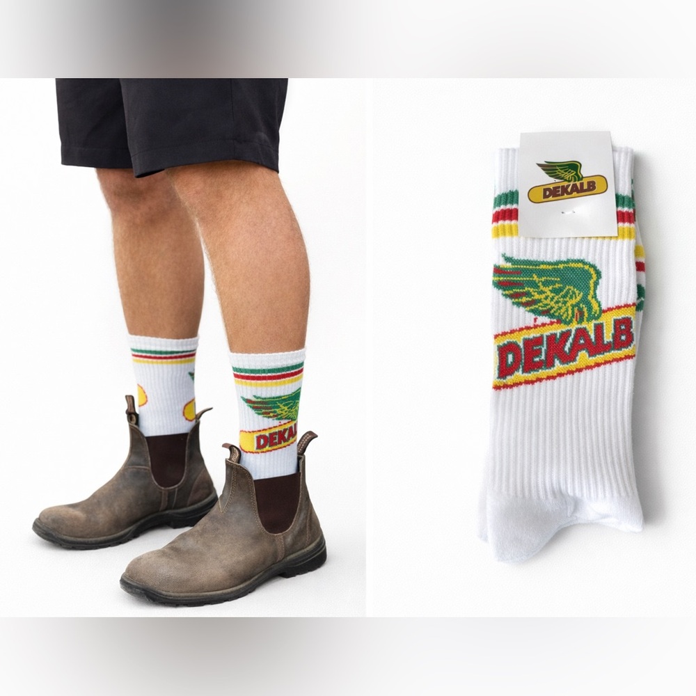 Dekalb Canola Logo Tube Socks – White w/ Green Red Yellow Stripes – O/S – NWT